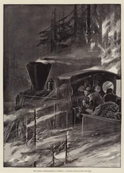 Die Waldbrände in Amerika, ein Eisenbahnzug rast vor dem Feuer